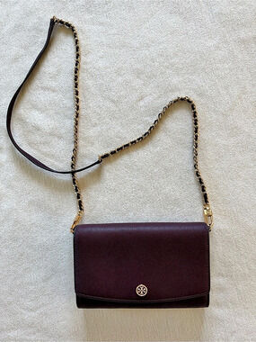 Tory Burch Robinson Chain Wallet Burgundy Crossbody Bag